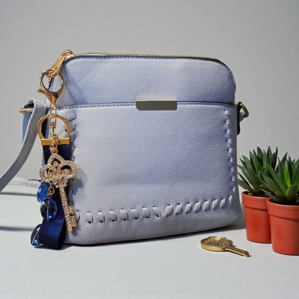 SALE! Soft Blue Mid-Sized Vegan Leather Crossbody Handbag - Picture 6 of 8